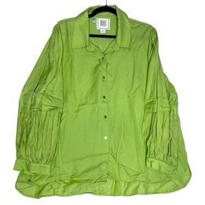 Emily McCarthy Lime Green Button Front Blouse XXL Pleated Statement Sleeves Tenc